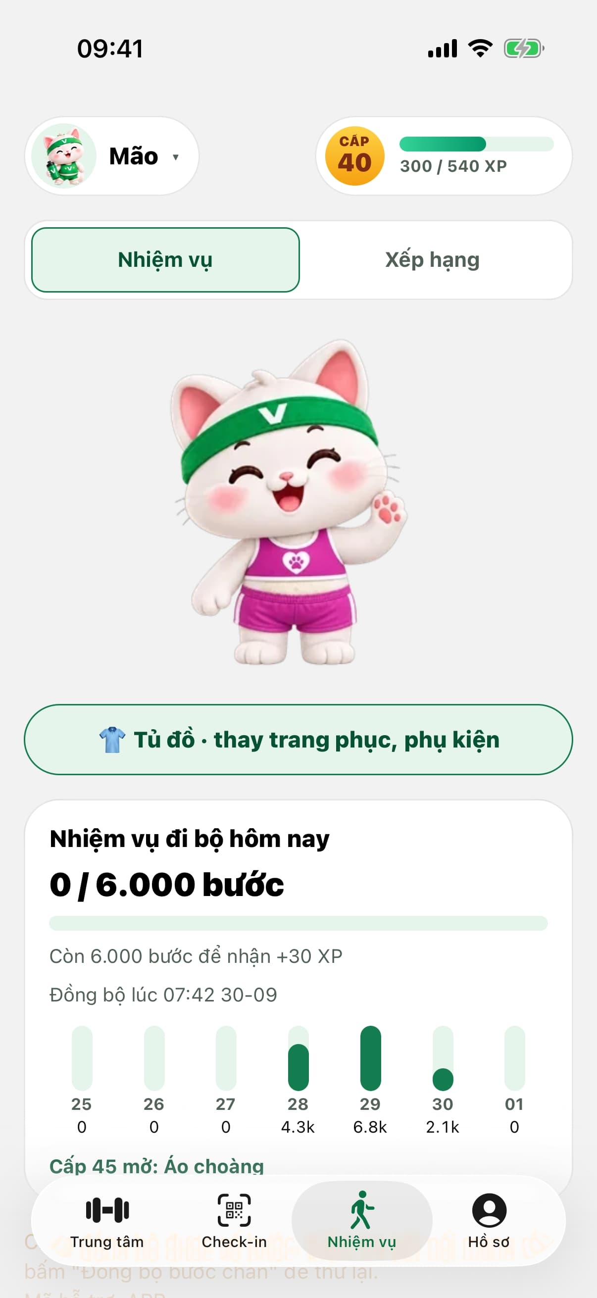 Nhiệm vụ đi bộ và linh vật đồng hành trong ứng dụng VietFit